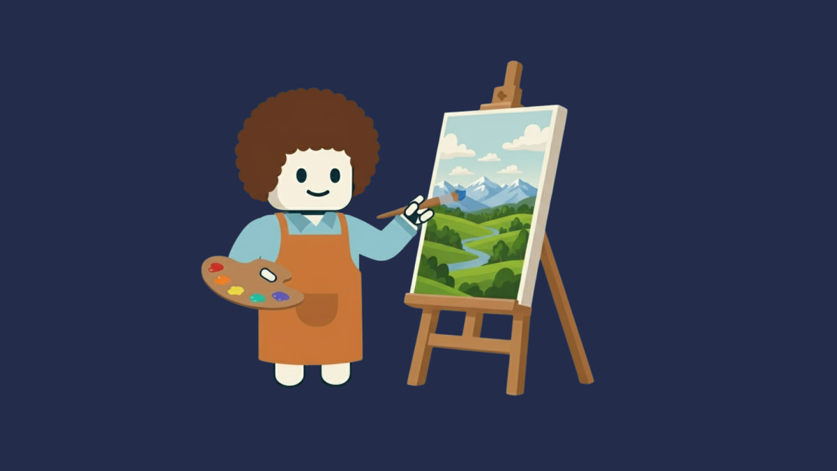 Jeff the robot icon dressed up as Bob Ross painting a picture 